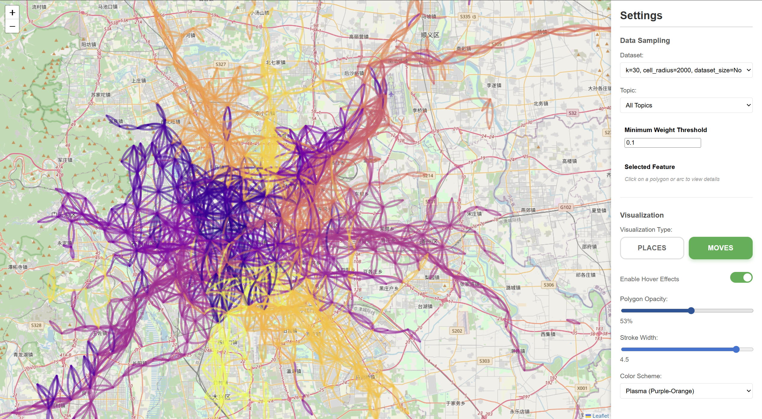 Moves Visualization showing movement arcs between cells