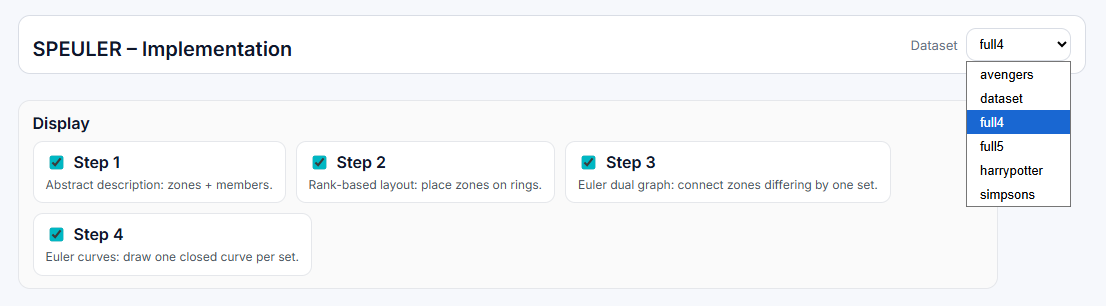 Dataset and step selection dropdowns