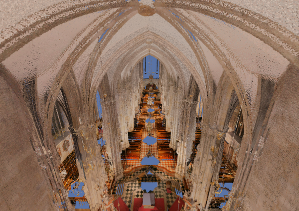 Interior2: Inside the Stephansdom, looking from the high altar to the entrance, hovering right under the ceiling.