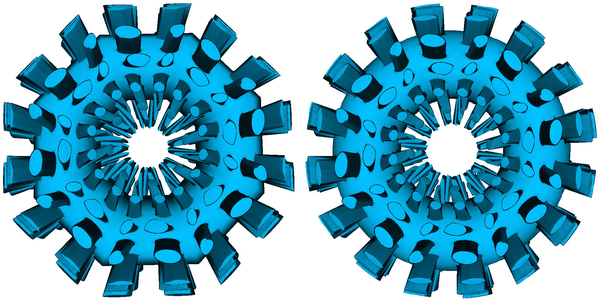 TorusSmoothCurved: Shell mapped torus. Left: smooth mapping. Right: curved mapping.