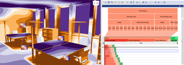 teaser: two components of the LiteVis interface, left: the Simulation View, right: ranking of lighting solutions in the Analysis View