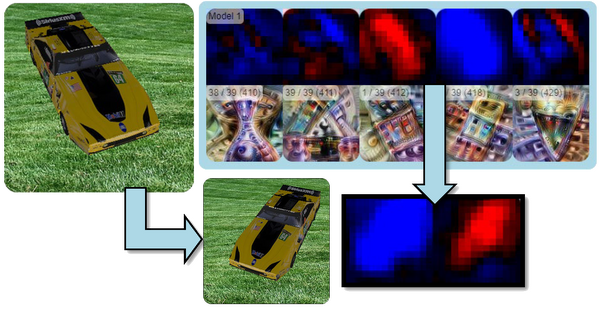 teaser: Activations and feature visualizations for neurons associated with complex shapes and curvatures in layer mixed4a in the standard model. Note how rotating the input model causes activation changes for oriented shape detectors. 