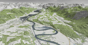 overview: Real-time visualization result of our method for decision support in flood management. Overview perspective
with geospatial data of Austria. Three nested terrain heightfields defined on an area of 572 km × 293 km are combined with
a dynamic water heightfield in a focus region of 22 km × 15 km .