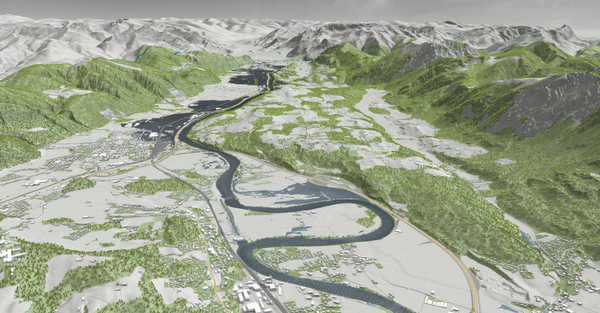 overview: Real-time visualization result of our method for decision support in flood management. Overview perspective
with geospatial data of Austria. Three nested terrain heightfields defined on an area of 572 km × 293 km are combined with
a dynamic water heightfield in a focus region of 22 km × 15 km .