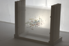 a 3d visualization of a dynamic network, made from transparent projector slides stacked in parallel