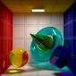 Radiosity box with transparent quadric surfaces