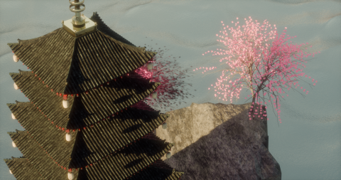 Rendering of a japanese pagoda and cherry tree