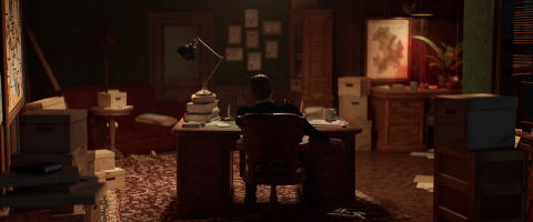 Frame of animation movie; detective from behind, sitting by a desk and studying case files