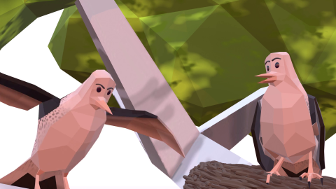 Frame of animation movie, two birds sitting on branch