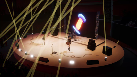 Frame from animation movie; rock band playing on a stage
