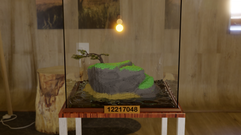 Rendering of a bonsai tree in a terrarium on a lego mountain.