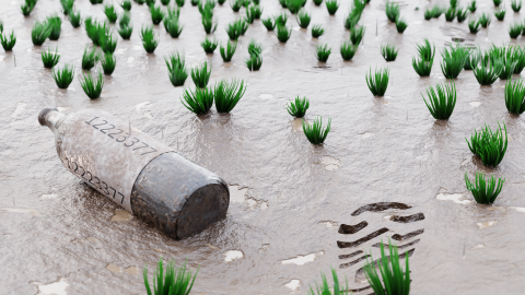 A rendering of a bottle in a puddle of water, next to a footprint of a shoe