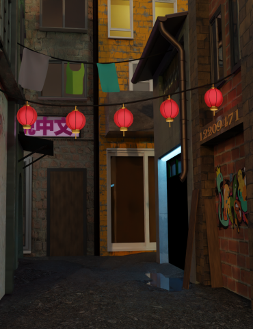 A dimly lit back alley, decorated with paper lanterns and graffiti