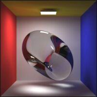 A rendering of a glassy torus inside of a room with colored walls.