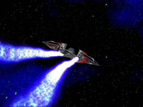 A rendering of a space ship shooting energy rays (from the game "Parsec" which was developed as student project at our research group)