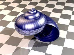 Rendering of a snail shell on top of a checkered floor.