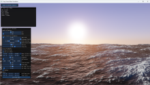 Screenshot of real-time ocean wave simulation, low sun