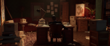Frame of animation movie; detective from behind, sitting by a desk and studying case files
