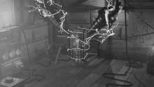 Frame of animation movie; robot in a lab, is being powered on, lightning around the robot