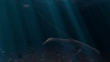 Frame of animation movie; whale underwater, girl hanging on by a rope