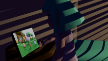 Frame of animation movie; girl in dark room, holding a tablet, showing an animated movie