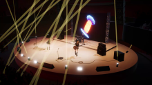 Frame from animation movie; rock band playing on a stage