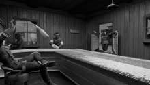 Frame from animation movie; thug entering a western bar