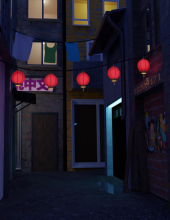 A dimly lit back alley, decorated with paper lanterns and graffiti at night