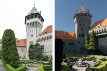 Links eine Fotografie und rechts ein Rendering des Schloss Smolenice in Minecraft-Optik mit Licht und Schatten.