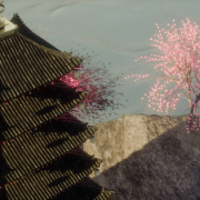 Rendering of a japanese pagoda and cherry tree