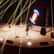 Frame from animation movie; rock band playing on a stage