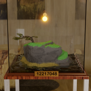 Rendering of a bonsai tree in a terrarium on a lego mountain.