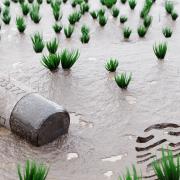 A rendering of a bottle in a puddle of water, next to a footprint of a shoe