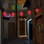 A dimly lit back alley, decorated with paper lanterns and graffiti