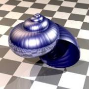 Rendering of a snail shell on top of a checkered floor.
